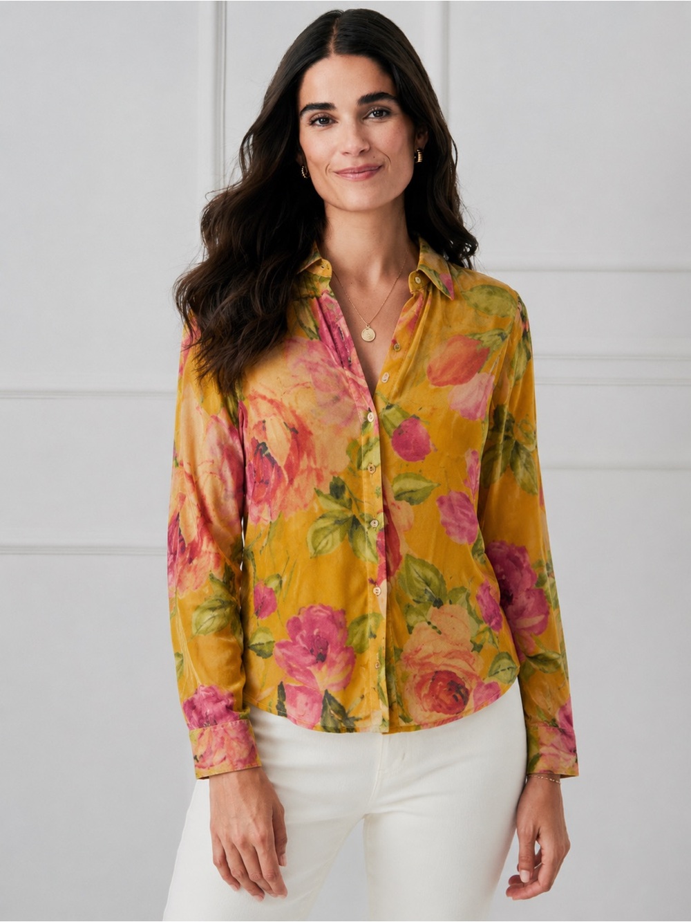 J. McLaughlin Floral Sueded Long Sleeve Collared Shirt Button Down Size S 533
